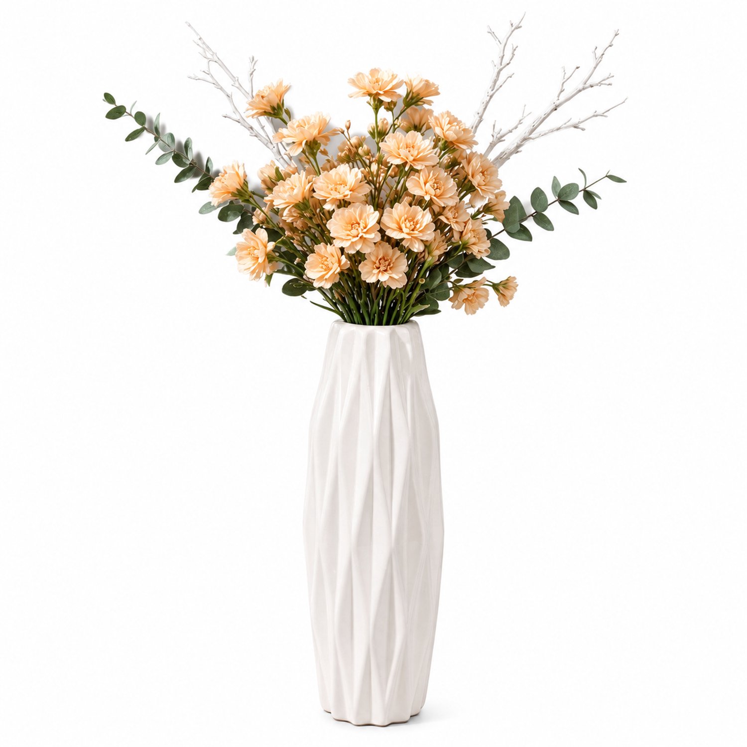 SWGOTA Witte kunststof vaas met geometrisch reliëf - 7,5 x 7,5 x 21 cm - Voor droogbloemen - OPP-verpakking