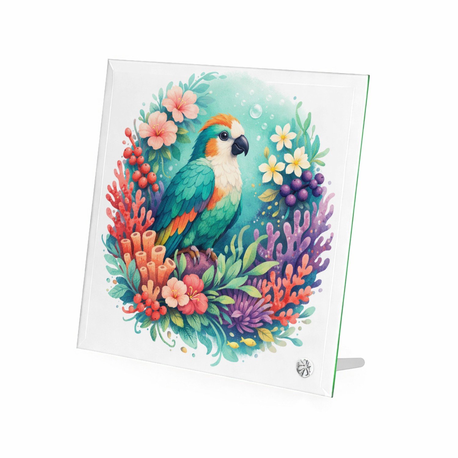 Mr Cadeautjes Glasframe 20 x 20 - design Een tropische vogel in een weelderige bloemenzee met bladere | cadeau Wit