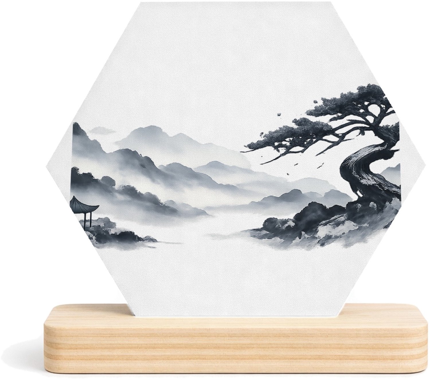 Mr Cadeautjes MDF fotolijst/inleg hexagon 14 x 13 - design Elegante bospaadjes in mist met een enkele kromme den als bl | cadeau Wit