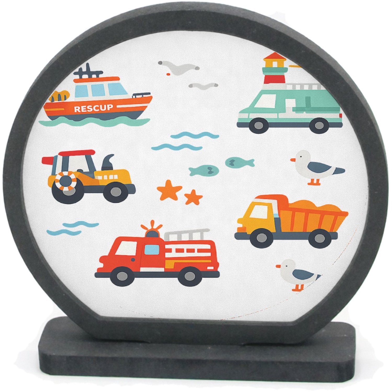 Mr Cadeautjes Houten fotolijst rond met MDF inleg - design Reddingsvoertuigen op zee | cadeau Wit