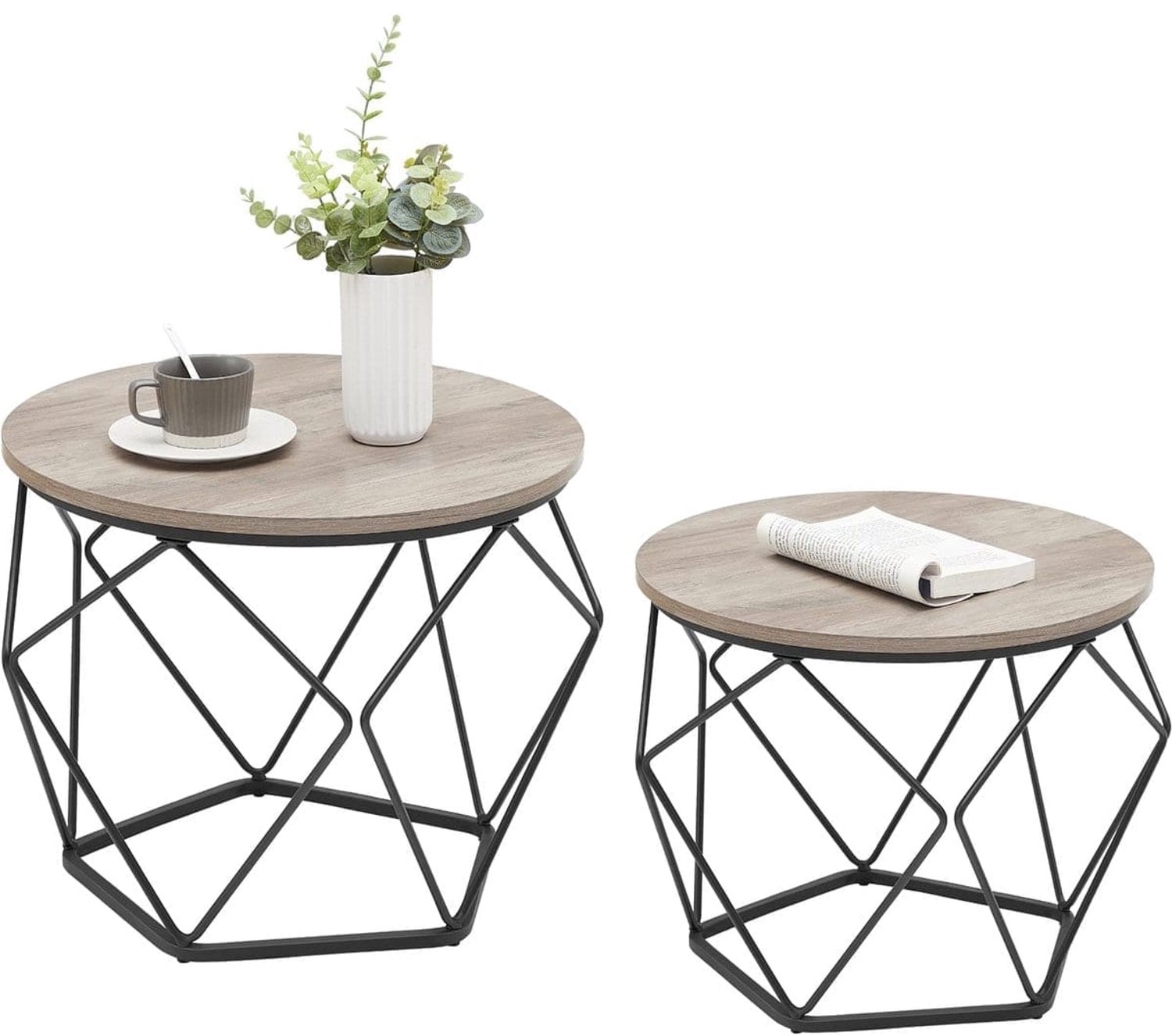 Klarven Salontafel Set van 2 Greige-Zwart - Ronde Salontafel - Salontafel Rond - Salontafel Zwart - Bijzettafels - Afneembaar Tafelblad - Draagvermogen 20 kg