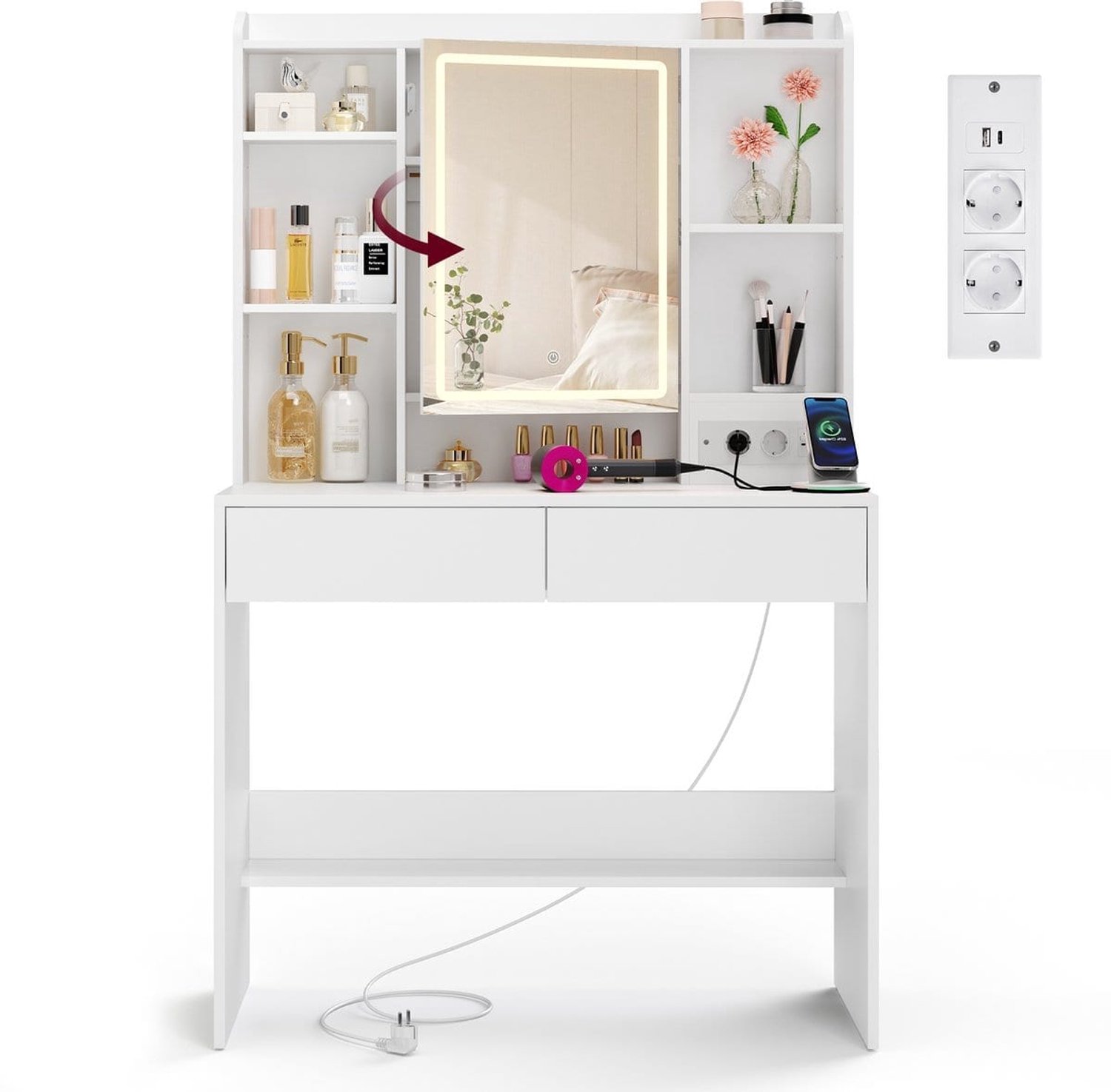 Klarven Kaptafel - Verlichte Kaptafel - Kaptafel Spiegel LED - Dressing Table - Wit Stopcontact, 3 Lichtkleuren Verstelbaar