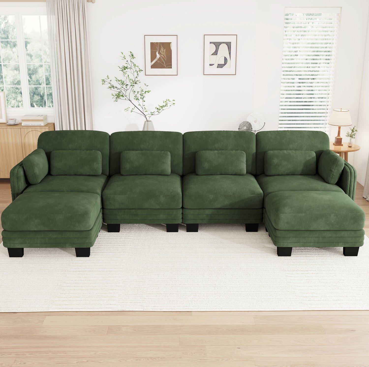 STILVORA U-Bank 330 x 143 x 88 cm - Modulaire 4-Zitsbank met 2 Voetenbanken - Voor Woonkamer en Appartement - Chenille en Hout - Groen