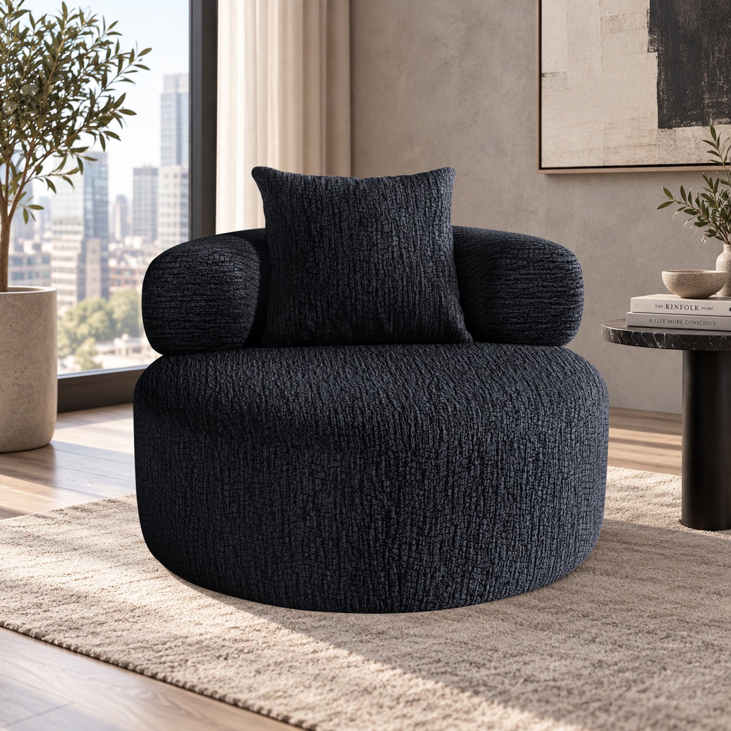 STILVORA Zitzakstoel 100 x 100 x 65 cm - Rond met Kussen en Schuimvulling - Voor Woonkamer en Slaapkamer - Chenille - Zwart
