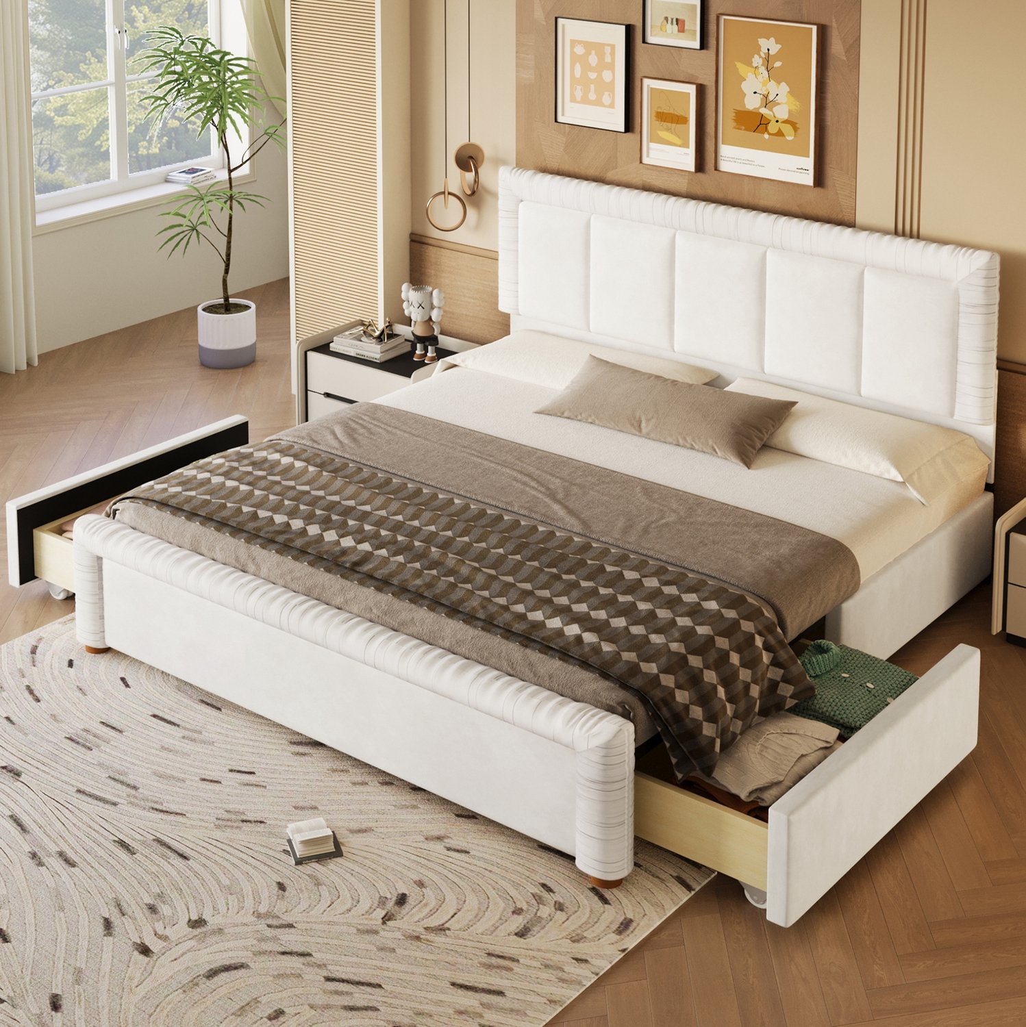 MIVRAY Gestoffeerd Bed 180x200cm - Tweepersoonsbed met 2 Bedladen - Flexibel te Plaatsen Laden - Zonder Matras - Frans Fluweel - Beige Wit
