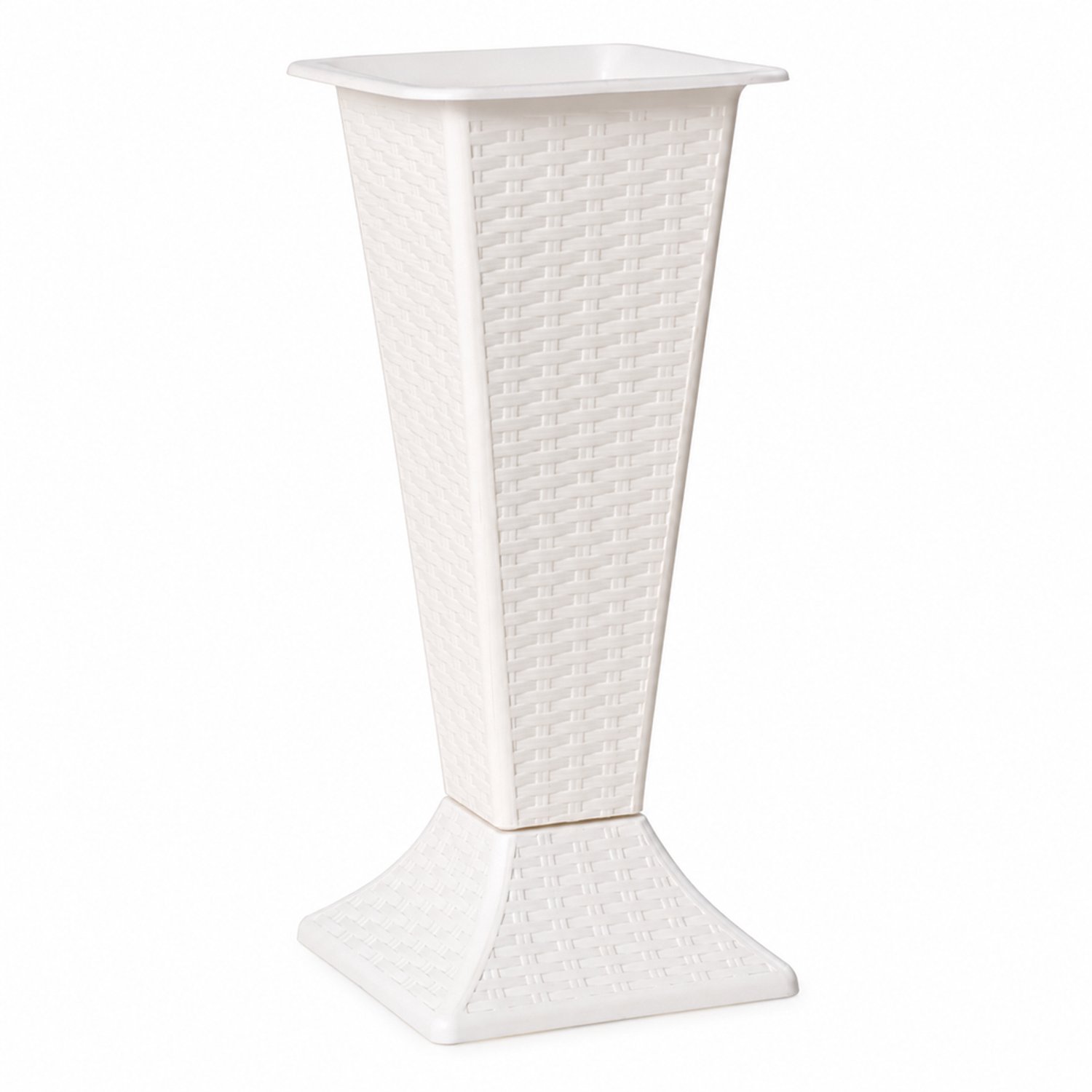 SWGOTA Witte kunststof vaas 18,7 x 18,7 x 36,6 cm met vlechtreliëf, vierkante bovenrand en uitlopende voet voor bloemschikken