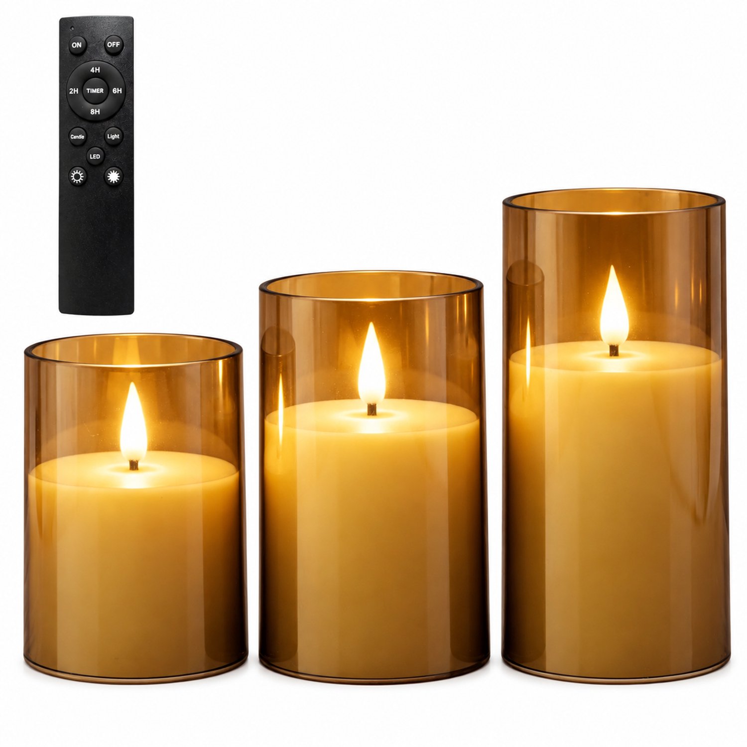 SWGOTA led kaarsen, 3 stuks per doos, bruin met druppelvormige lichtpunten en grote afstandsbediening, cilindervormige decoratie voor bruiloften en verjaardagen