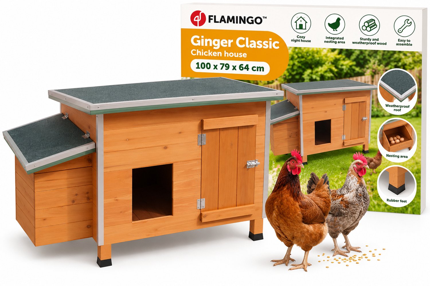 Bol.com Flamingo Kippenhok Ginger Classic – Houten Hok met Ren – 100x79x64 cm aanbieding