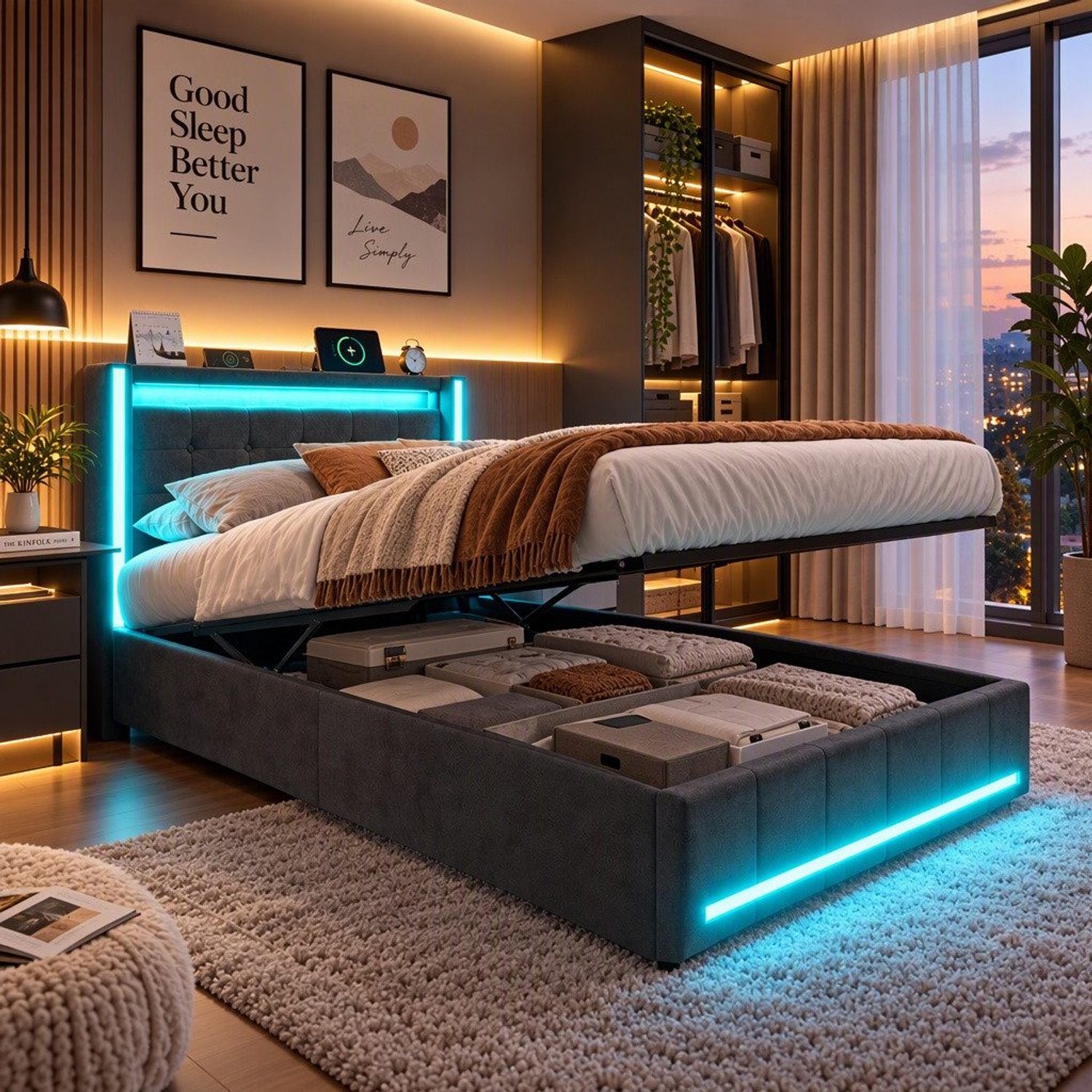 Mofor Gestoffeerd opbergbed 90x200 cm met hydraulische opbergruimte - eenpersoonsbed met LED-verlichting en USB-poorten - linnen bekleding - grijs