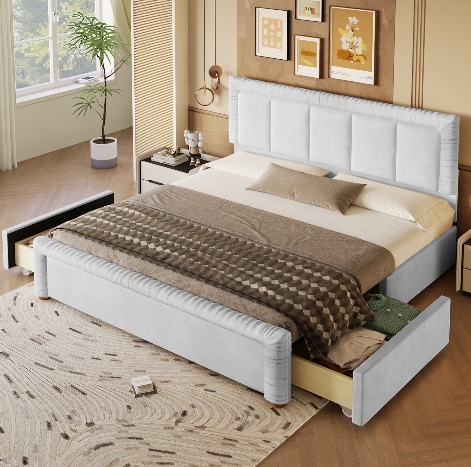 FloraGrace Gestoffeerd Bed 180 x 200 cm - Tweepersoonsbed met 2 Bedlades - Lades Flexibel te Plaatsen - Fluwelen Bekleding - Grijs
