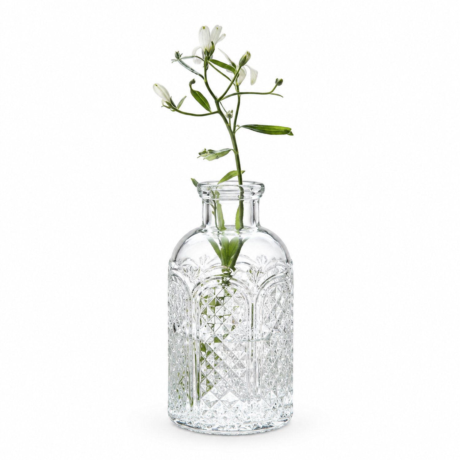 SWGOTA Retro glazen vaasje met boogreliëf - Transparant, smalle hals, 12,8 cm hoog - Voor kunstbloemen - Verpakt in kartonnen doos