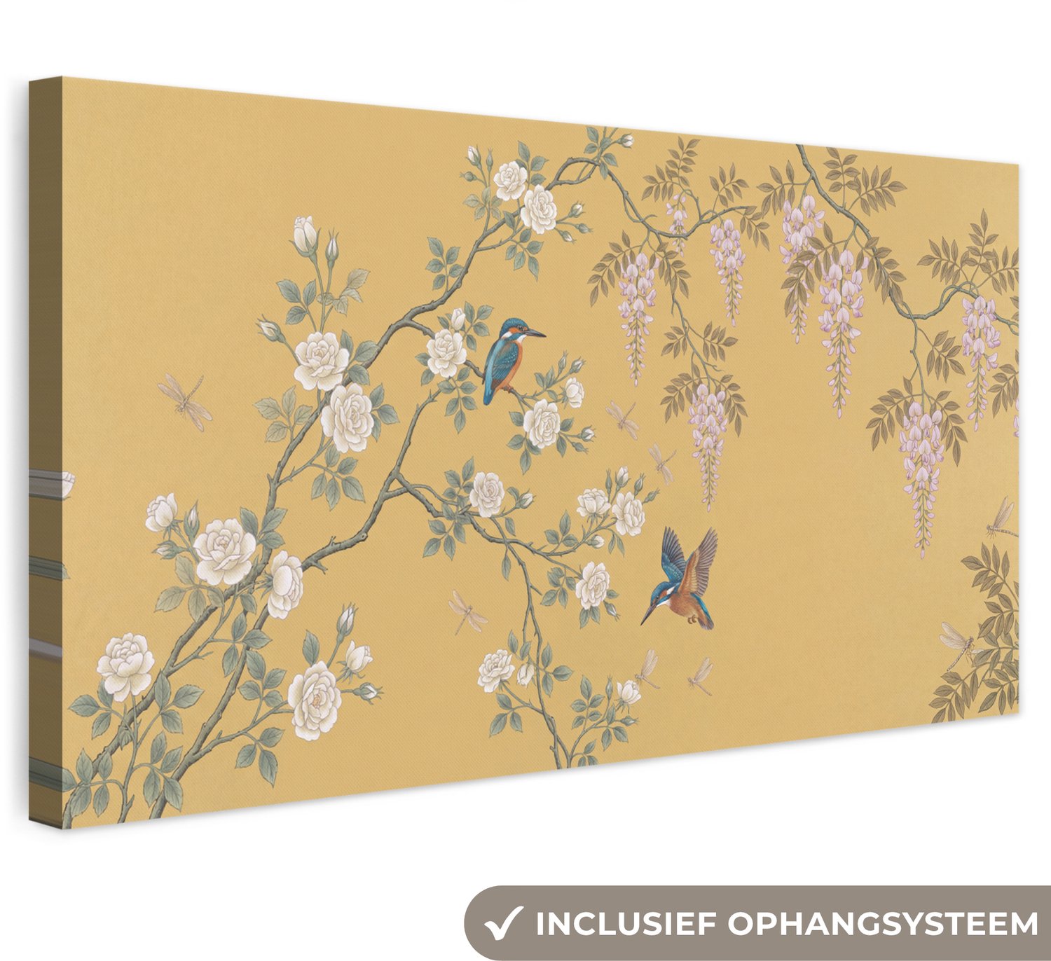 Canvas schilderij 60x30 cm - Exclusieve wanddecoratie IJsvogels - Bloesem - Geel - Muurdecoratie woonkamer - Slaapkamer decoratie - Kamer accessoires - Schilderijen op canvas
