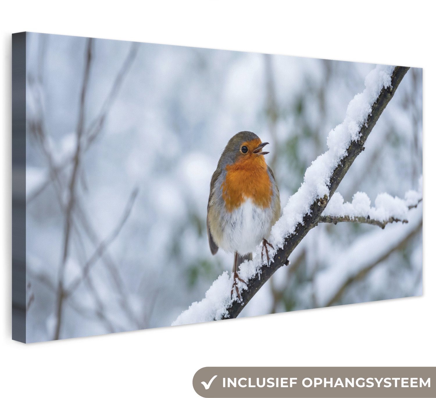 Canvas schilderij 60x30 cm - Exclusieve wanddecoratie Roodborstje - Tak - Sneeuw - Winter - Levendig - Muurdecoratie woonkamer - Slaapkamer decoratie - Kamer accessoires - Schilderijen op canvas