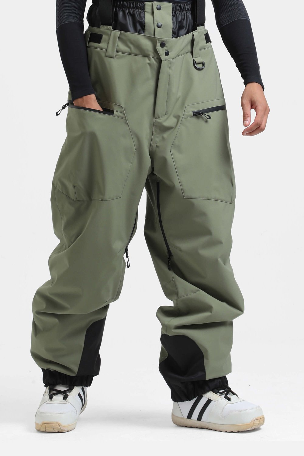 GSOU SNOW Gevoerde baggy ski- en snowboardbroek met afneembare bretels 15K waterdicht Legergroen