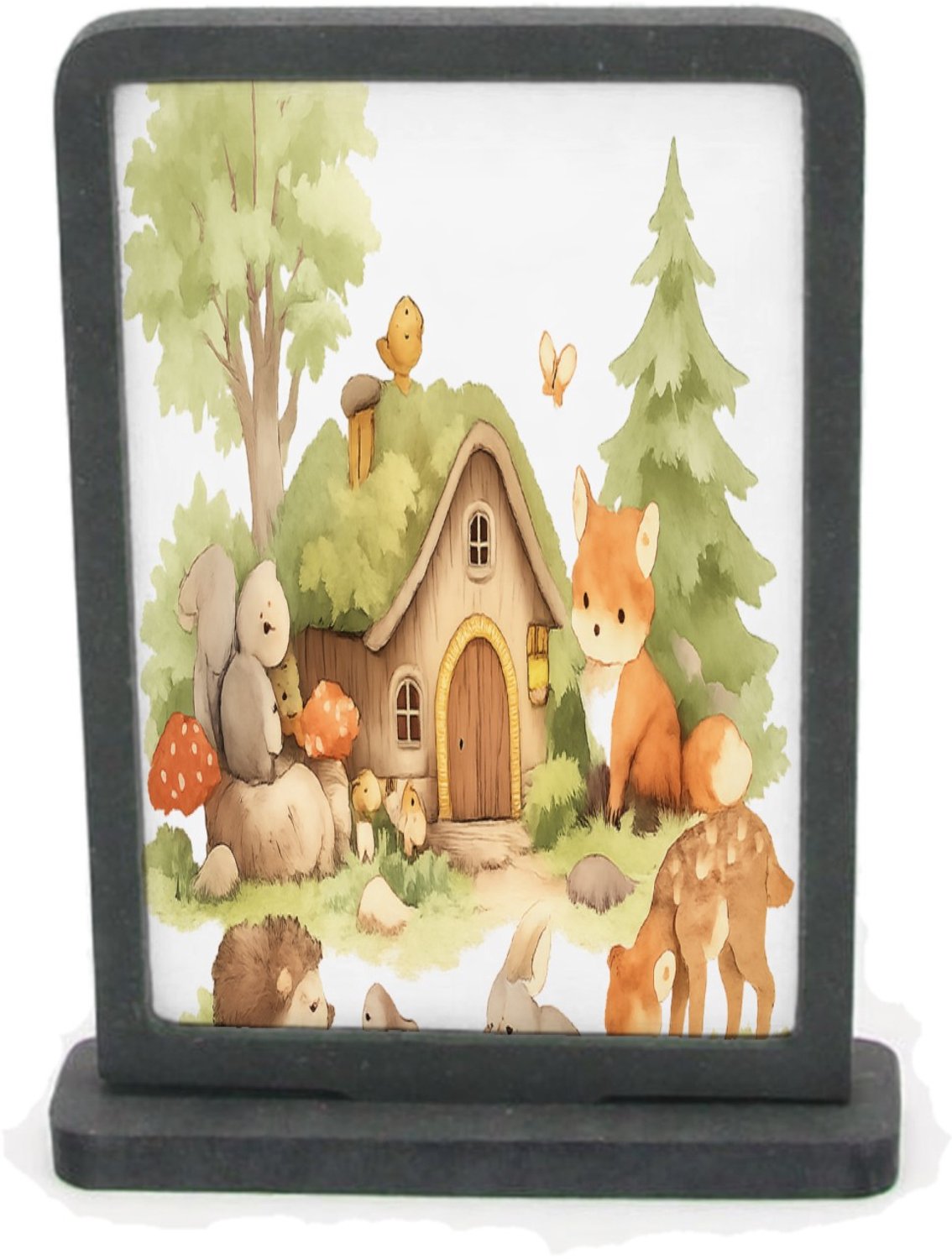 Mr Cadeautjes Houten fotolijst rechthoek met MDF inleg - design Een bosrijk ochtendtafereel met schattige dieren rond een ho | cadeau Wit