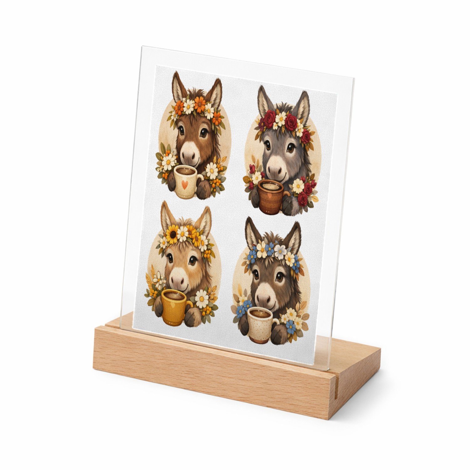 Mr Cadeautjes Glasframe met vaste tekst - design Een serie ezelportretten met boeketjes en een warme drank in | cadeau Wit