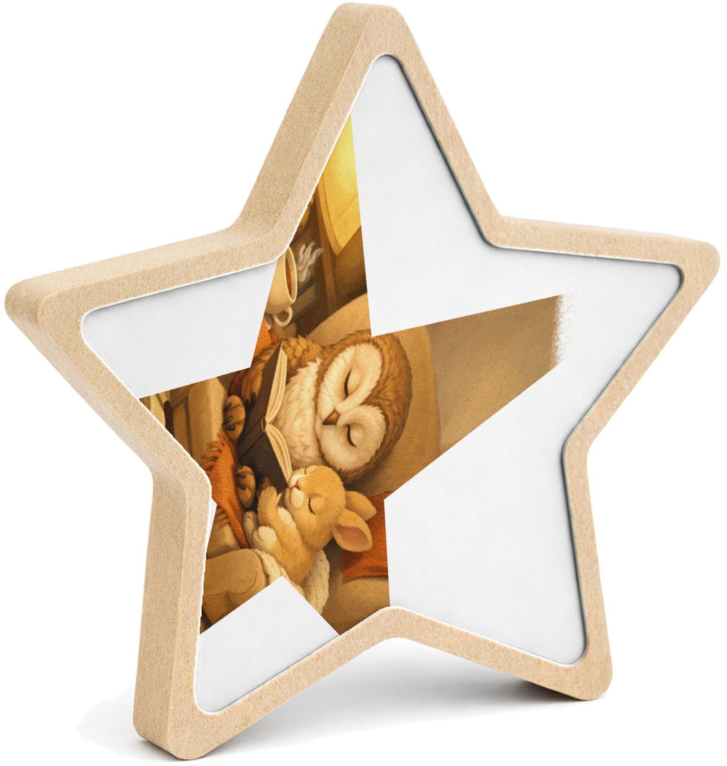 Mr Cadeautjes MDF fotolijst ster 14 x 13,5 - design Een stille leeshoek met een uil en een konijn op een comfort | cadeau Wit