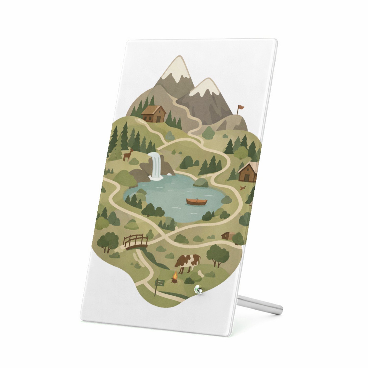 Mr Cadeautjes Glasframe 11 x 16 - design Een gestileerde bergregio met wandelroutes, hutten en kleine | cadeau Wit