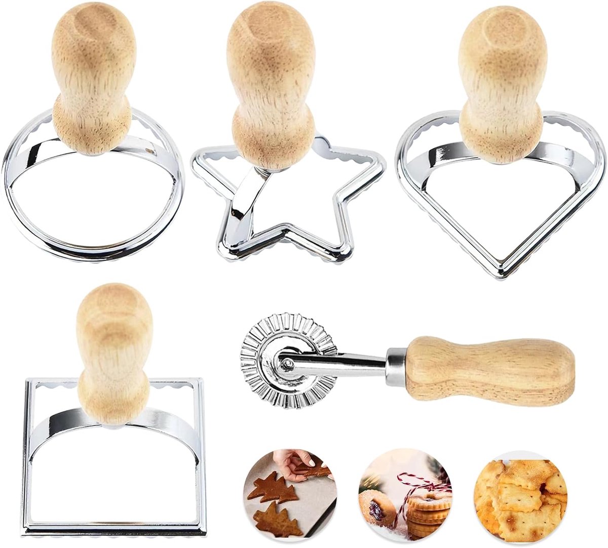 Maker Set van 5, Uitsteekvormpjes, Vormers, Snijder met Handvat, Deegwiel, Vierkante en Ronde Vormen