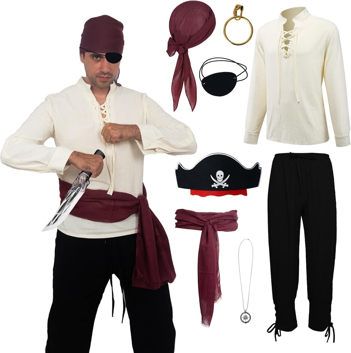 7-delig middeleeuws shirt Vikingkostuum set renaissance Victoriaanse herenkleding middeleeuwse kleding heren vetershirt heren lang middeleeuws met broek riem hoofdband oorbellen accessoires