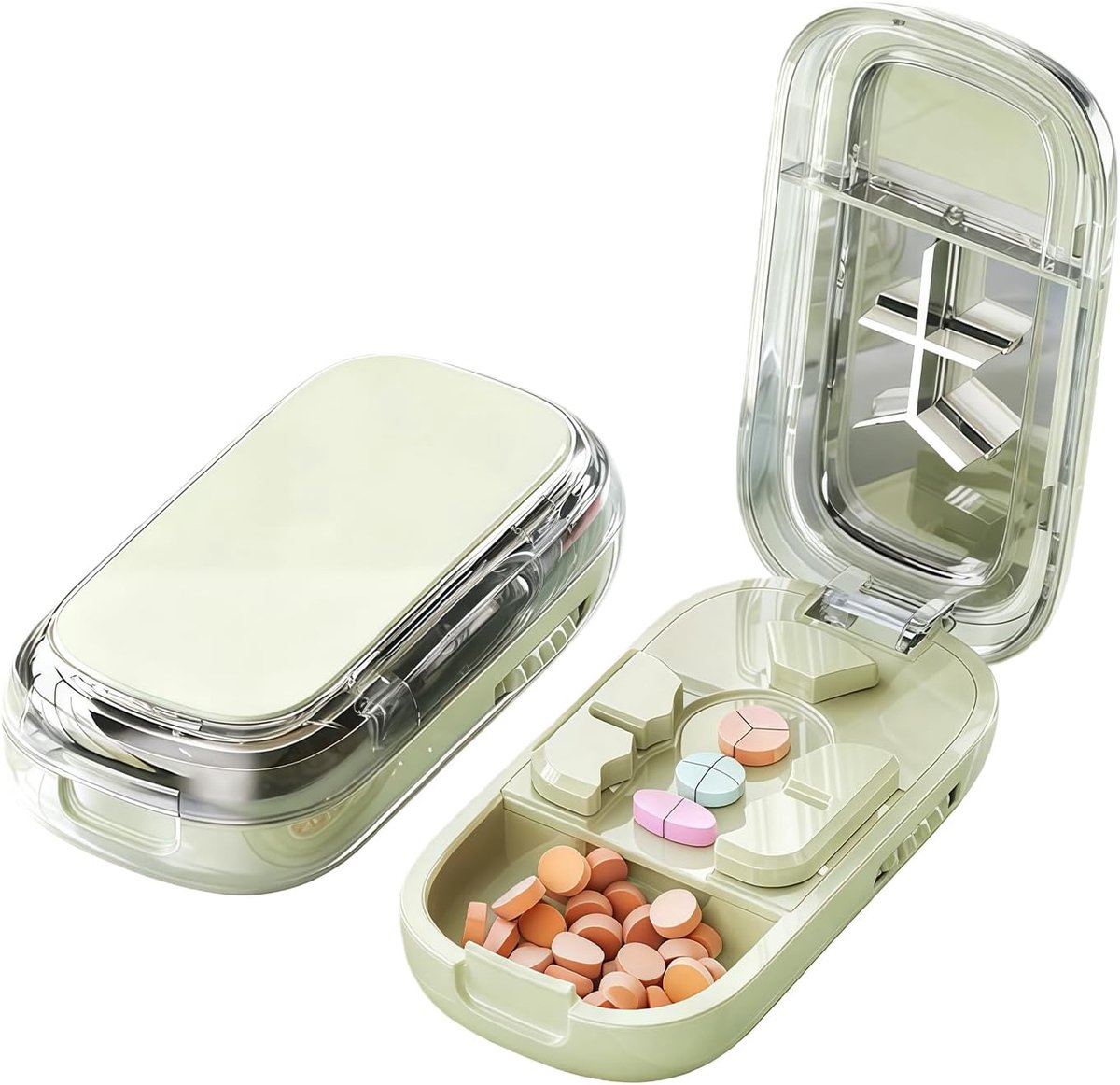 3-in-1 Pillensnijder voor Kleine Medicijnen, Instelbare Tabletverdeler in 1/2, 1/3, 1/4, Snij- & Opslag Tablet Splitter Kleine Pillen voor Senioren, Kinderen, Reizen (Groen)