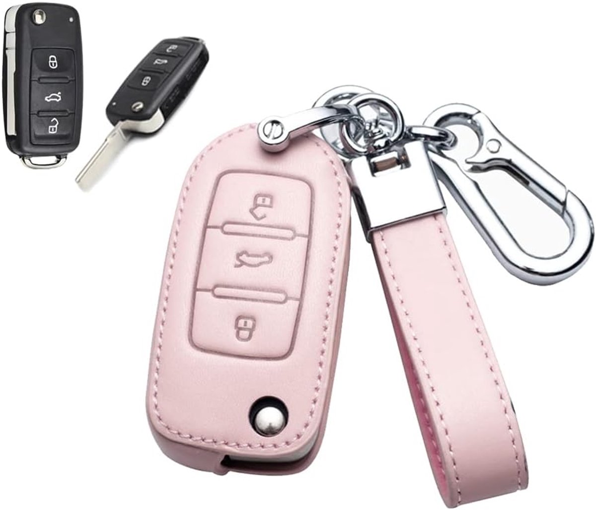 Geschikt voor VW beschermhoes, sleutelhoes, rundleer, cover, klapsleutel voor VW Golf Passat MK6, Skoda Superb Seat sleutelbox, autosleutelhanger, A roze
