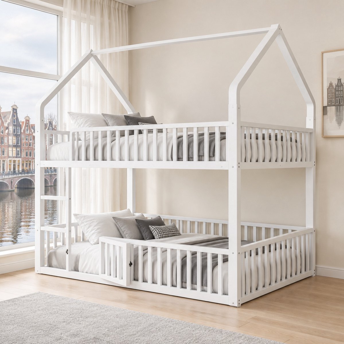 WUVRIE Metalen stapelbed 140x200 cm in huisvorm met ladder, veiligheidshekken en deur, wit
