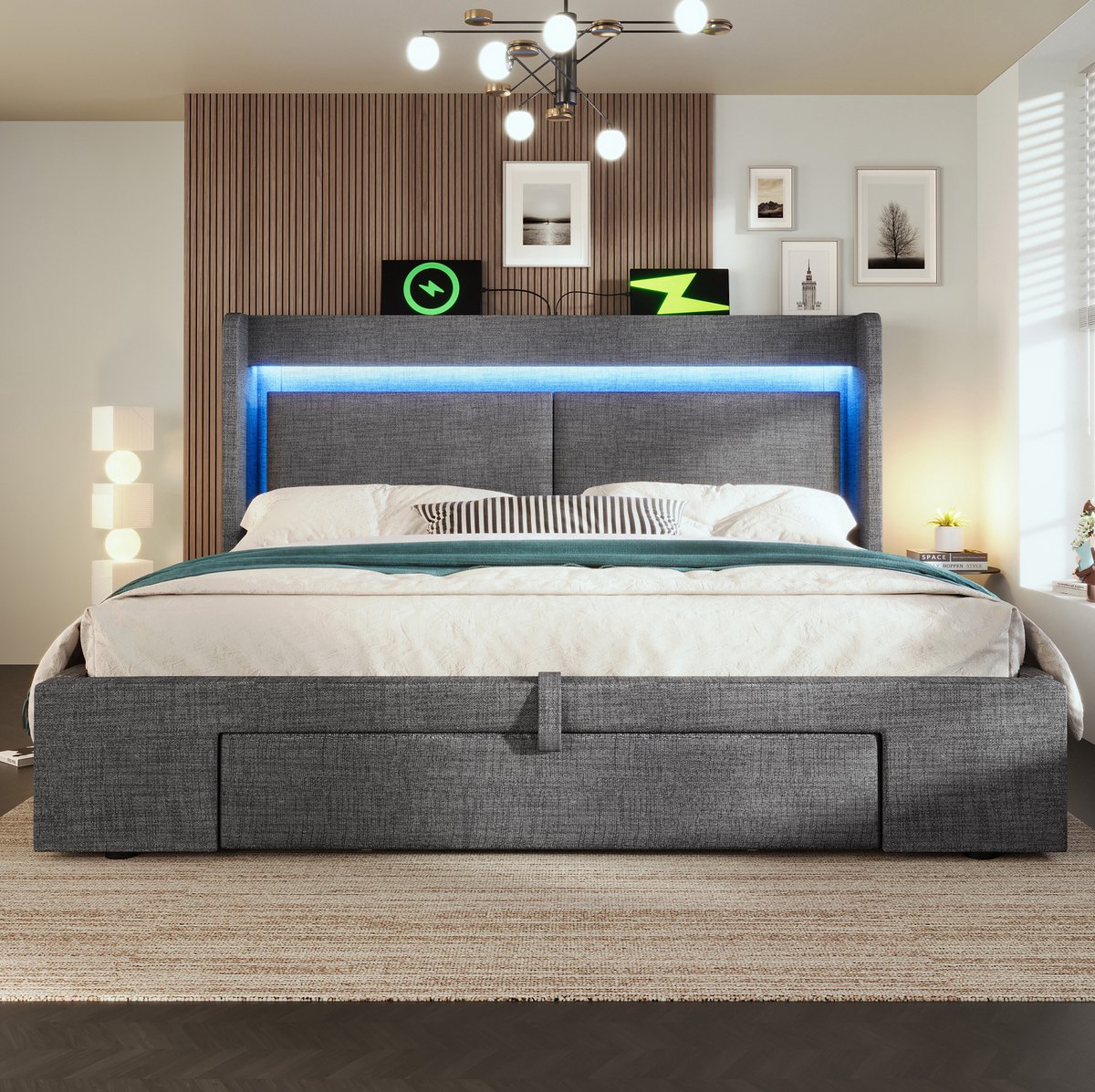 WUVRIE Gestoffeerd bed 180x200 cm met hoofdbord, LED, USB en USB-C, hydraulische opbergruimte, grijs