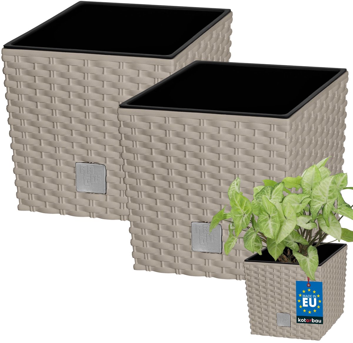 KOTARBAU® Vierkante Bloempot met Inzetpot - Vierkante Plantenbak 17x17 cm 2 Stuks - Plantenpot 4 L - Plantenbak - Kunststof - Rotanlook - Mokka