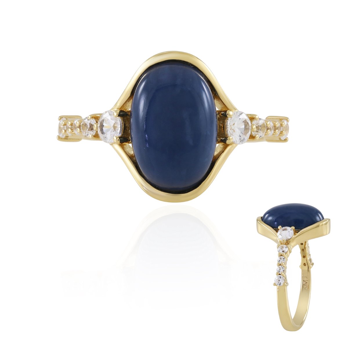 Cavill - Elegante Damesring - 925 Sterling Zilver Verguld - 3,6 ct Peruaanse Blauwe Opaal Ovaal Cabochon - 10x Cambodjaanse Zirkonia 0,49 ct