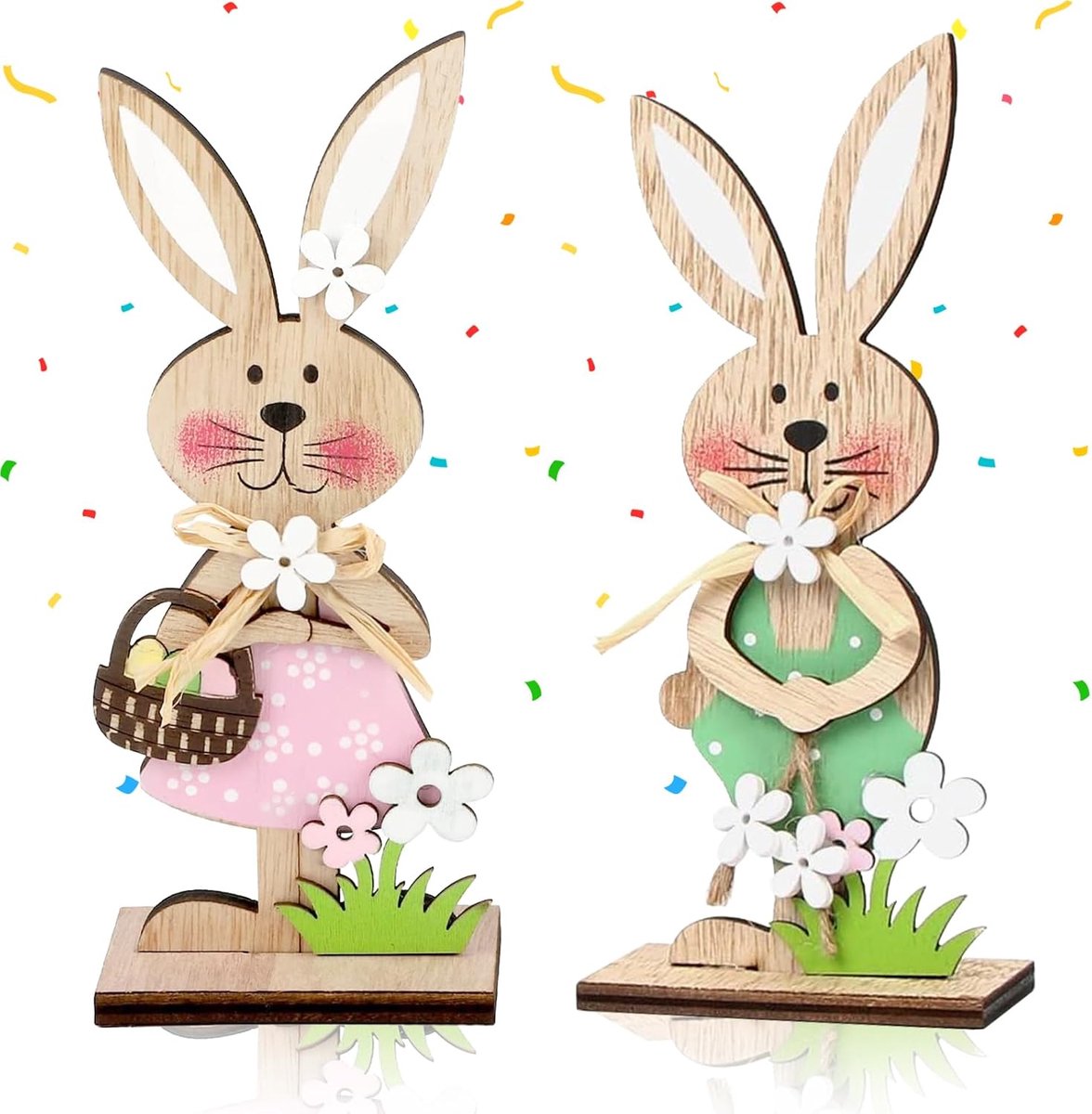 Verpakking van 2 houten paashaas decoratiestandaard voor paasdecoratie houten konijnenstandaard paashaas voor binnen- en buitentafeldecoratie tuin paasdecoratie lentedecoratie