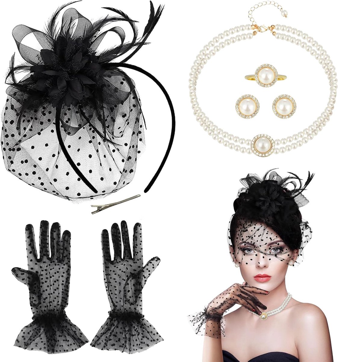 Hoed Dames, 5 Stuks Vintage Tea Party Hoed, Fascinatorhoed Zwarte met Handschoenen Nepparelketting Oorbellen Ring voor Carnaval Maskerade Halloween Feest