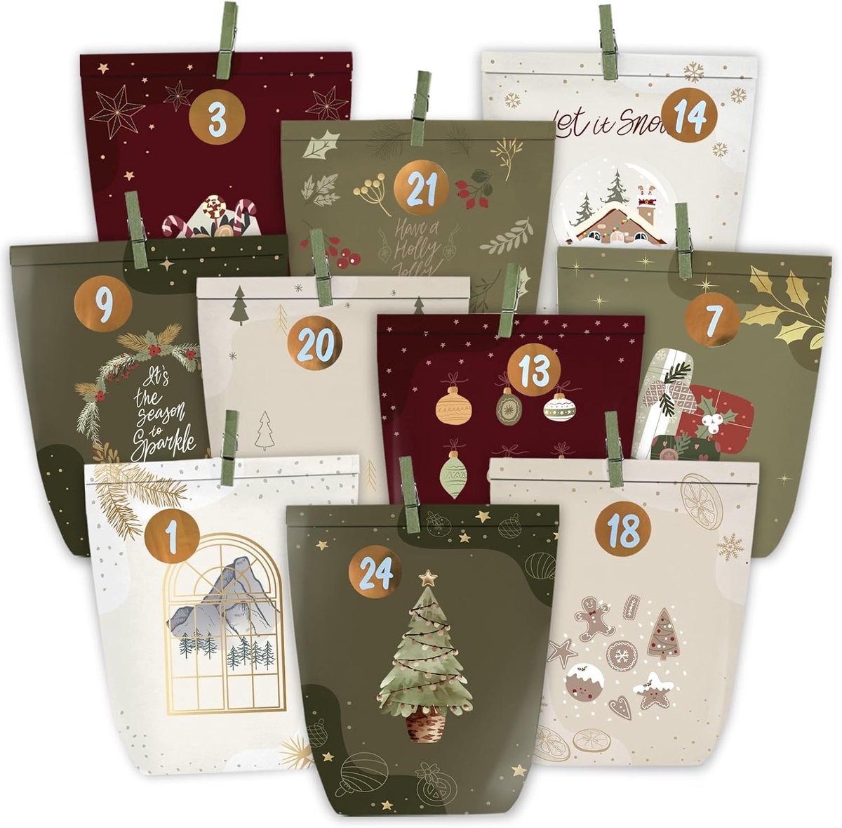 Adventskalender om te vullen, 24 kerstkalenderzakjes om zelf te knutselen, papieren cadeauzakjes om zelf te vullen, adventskalender met cijferstickers