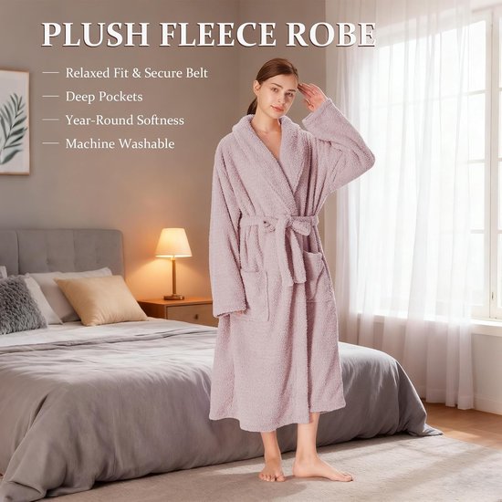 Classy zachte badjas voor dames en heren, lange fluffy sherpa ochtendjas, sauna badjassen zonder capuchon, warme cadeaus voor vrouwen, roze, L — afbeelding 3