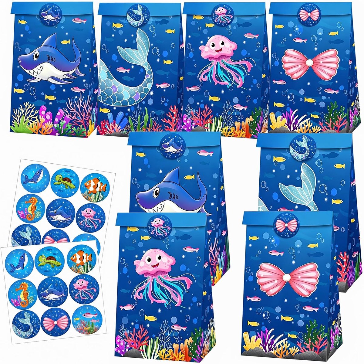 Cadeauzakjes voor kinderverjaardag, 12 stuks zeediermotief met 18 stickers, snoepzakjes, cadeautasjes, feestzakjes, donkerblauw, 22 x 12 x 8 cm, zeedieren