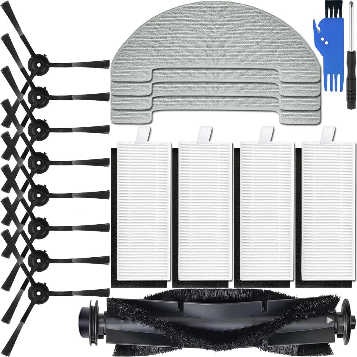 Kit Replacement for Vactidy Nimble T7 / T8 Robot Vacuum Cleaner Set, 1 x Main Roller Brush, 8 x Side Brushes, 4 x HEPA Filters, 4 x Mop Wipes, Washable & Reusable Parts (17 Pcs)