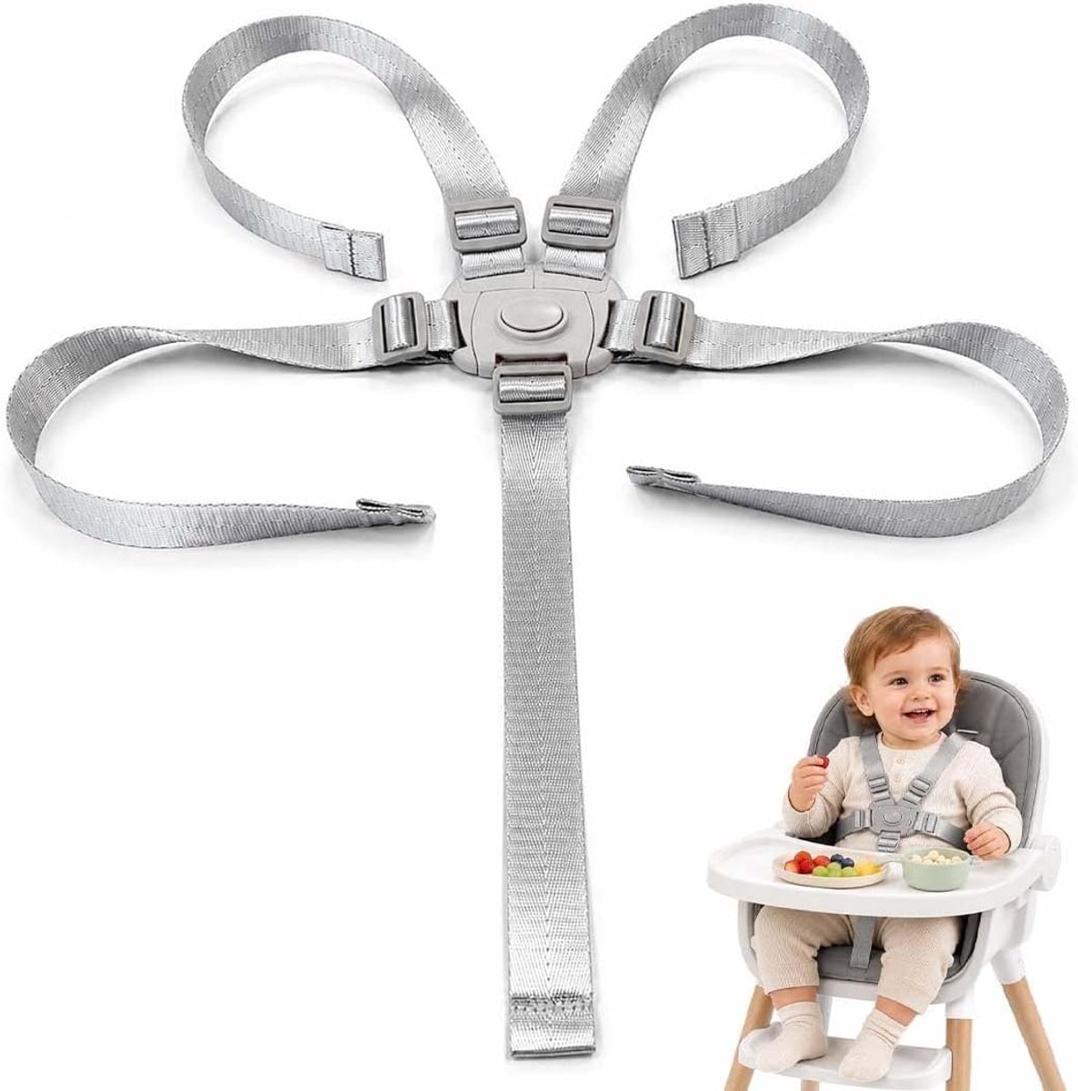 1 stuk kinderstoel Pappa, universele veiligheidsgordel verstelbaar 5 punten voor kinderen, riemen voor kinderwagens en kinderzitjes, breedte 2,5 cm, kleur grijs zilver