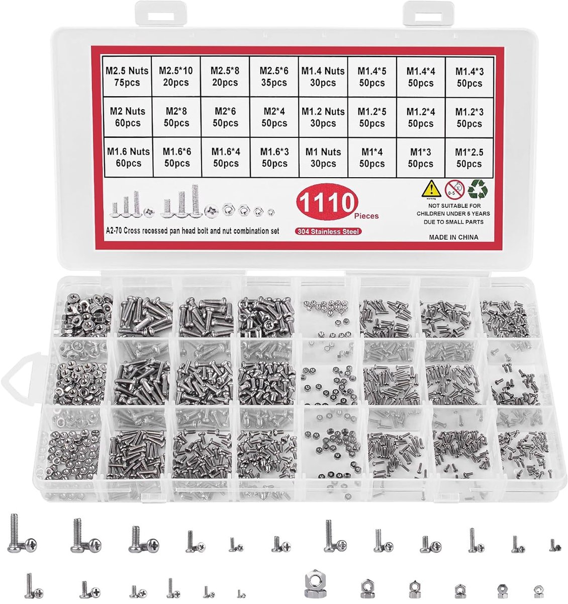 Set van 1110 stuks, kruiskopschroeven, 304 roestvrij staal, verzonken kopschroeven, set voor reparaties, machineschroeven, schroefdraadschroeven, M1, M1.2, M1.4, M1.6, M2, M2.5