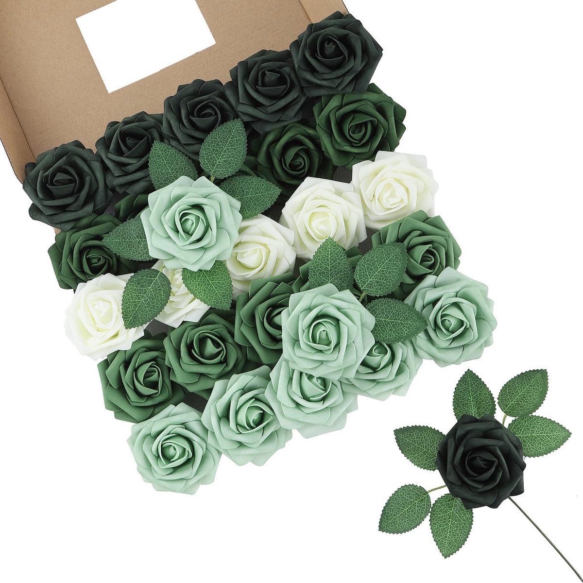25 Stks Kunstrozen Bloemen Melkachtig Wit Groen Nep Rozen Real Touch Foam Rose Heads voor Bruiloft Bruids Boeketten Centerpieces Bloemstuk Party Woondecoratie