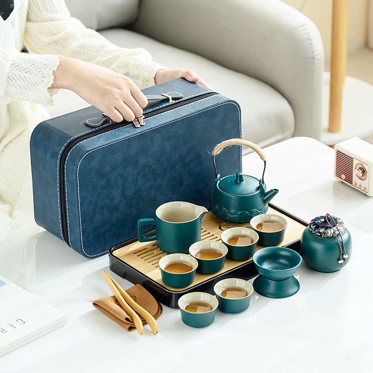 Japanse Chinese theeservies, 14 stuks Gongfu Theepotset met 6 kleine kopjes, Canister Tray Zeef, Traditionele Kung Fu Theeceremonie Kit Draagbare Keramische Theeservies voor Thuiskantoor Reizen