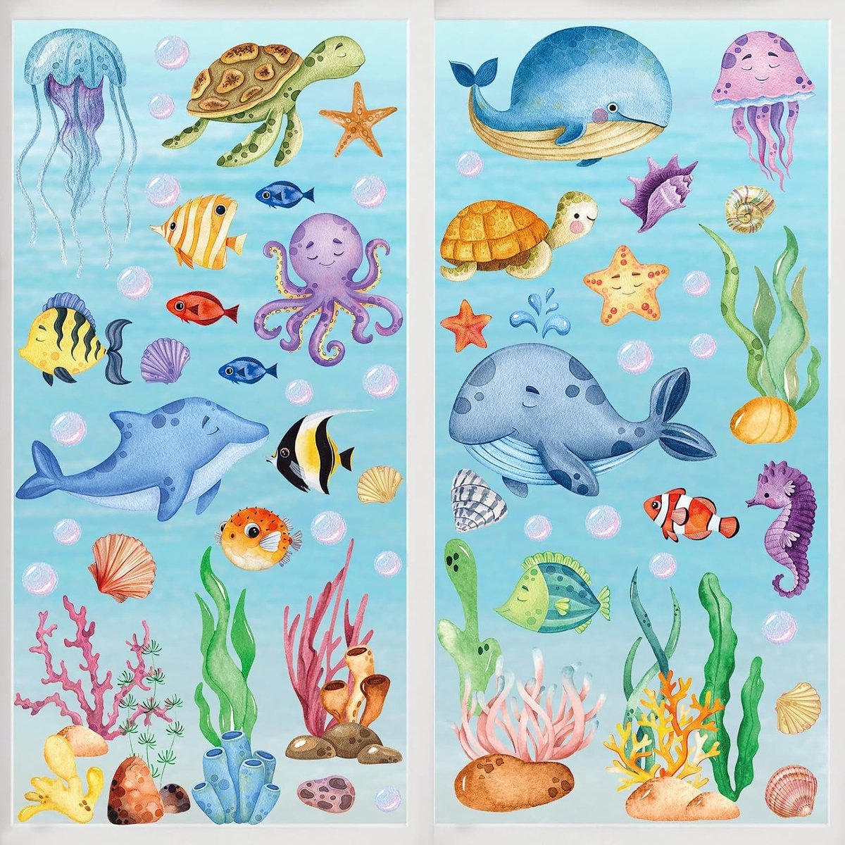 Raamstickers, 134 designs onderwaterwereld, raamstickers, maritiem voor kinderkamer, glazen raam, raamfolie vissen bevat koralen, tropische vissen, kwallen