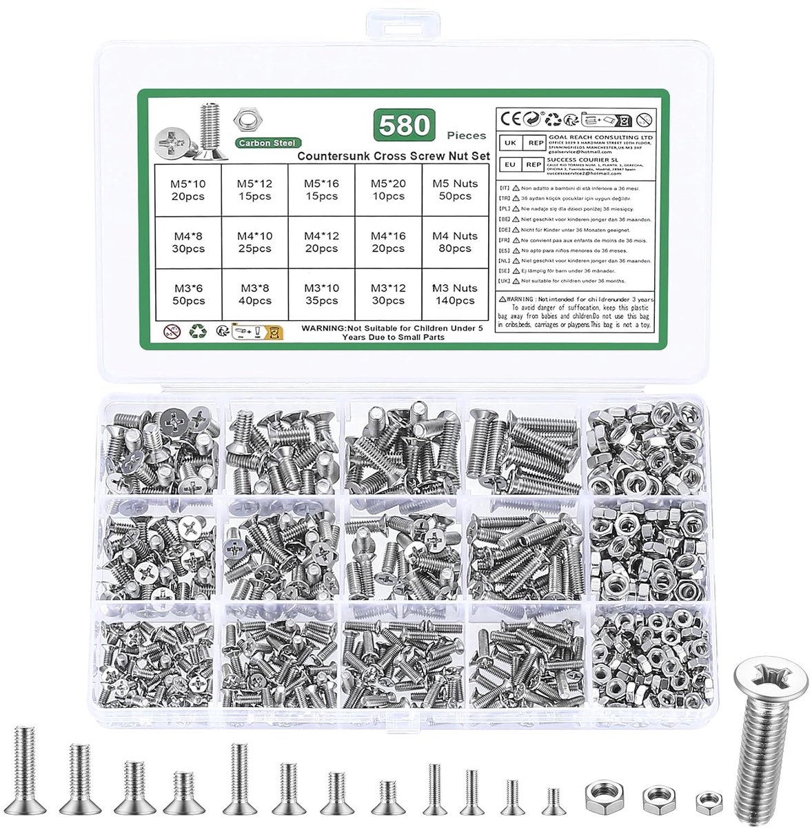 580 stuks M3 M4 M5 Schroevenset, verzonken kop Schroeven moerenset, platkop schroeven en moerenset, Phillips machine schroeven assortimentsset met ringenset (zilver, M3 M4 M5)