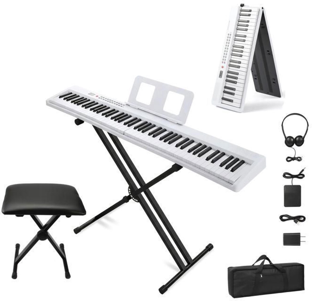 Piano ensemble- 88 toetsen opvouwbare digitale piano met standaard, bank, hoofdtelefoon, 420D tas - Wit + Zwart