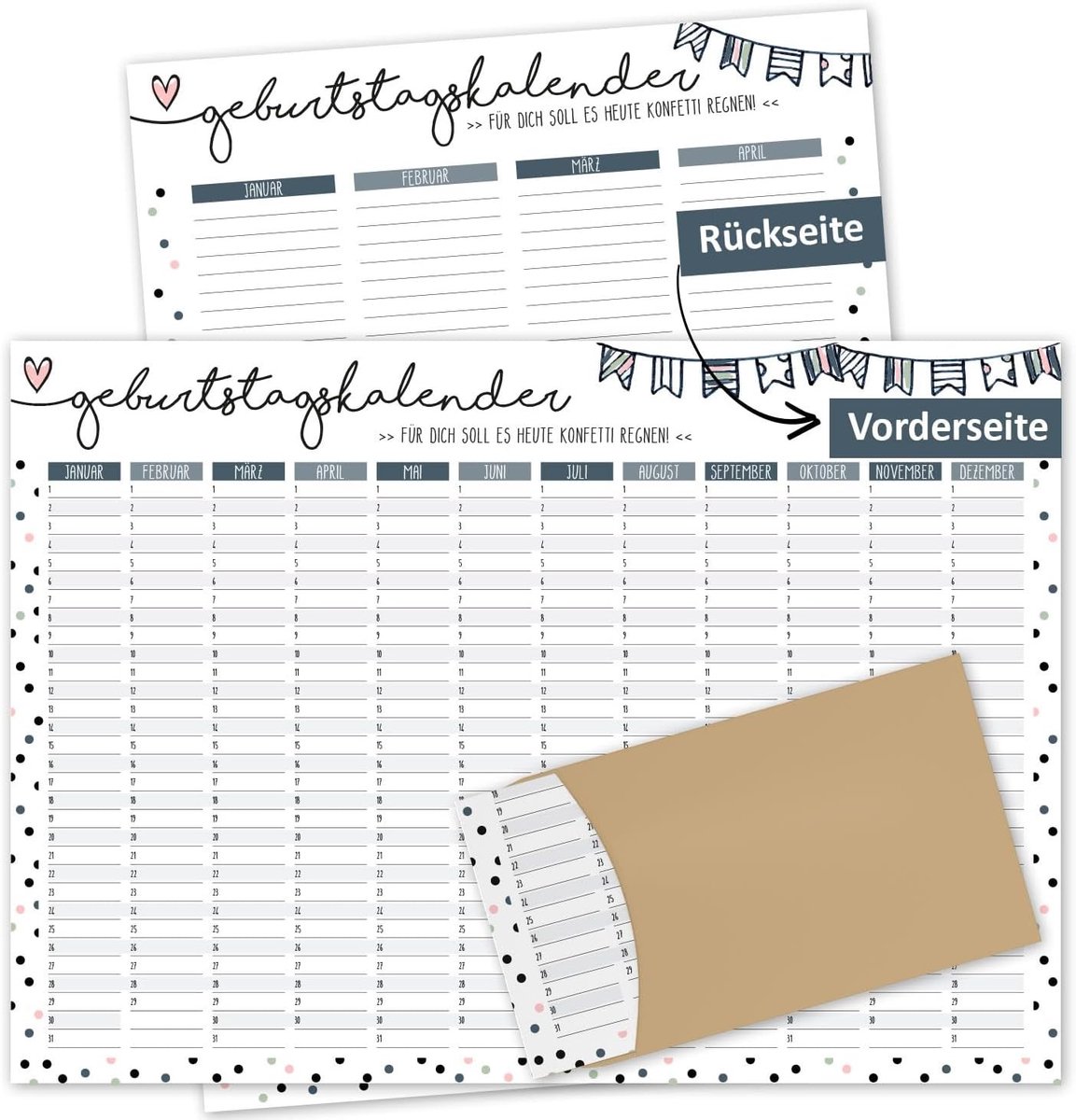 Verjaardagskalender - Confetti - A2 - Hoogrendementprint - Voor Iedereen