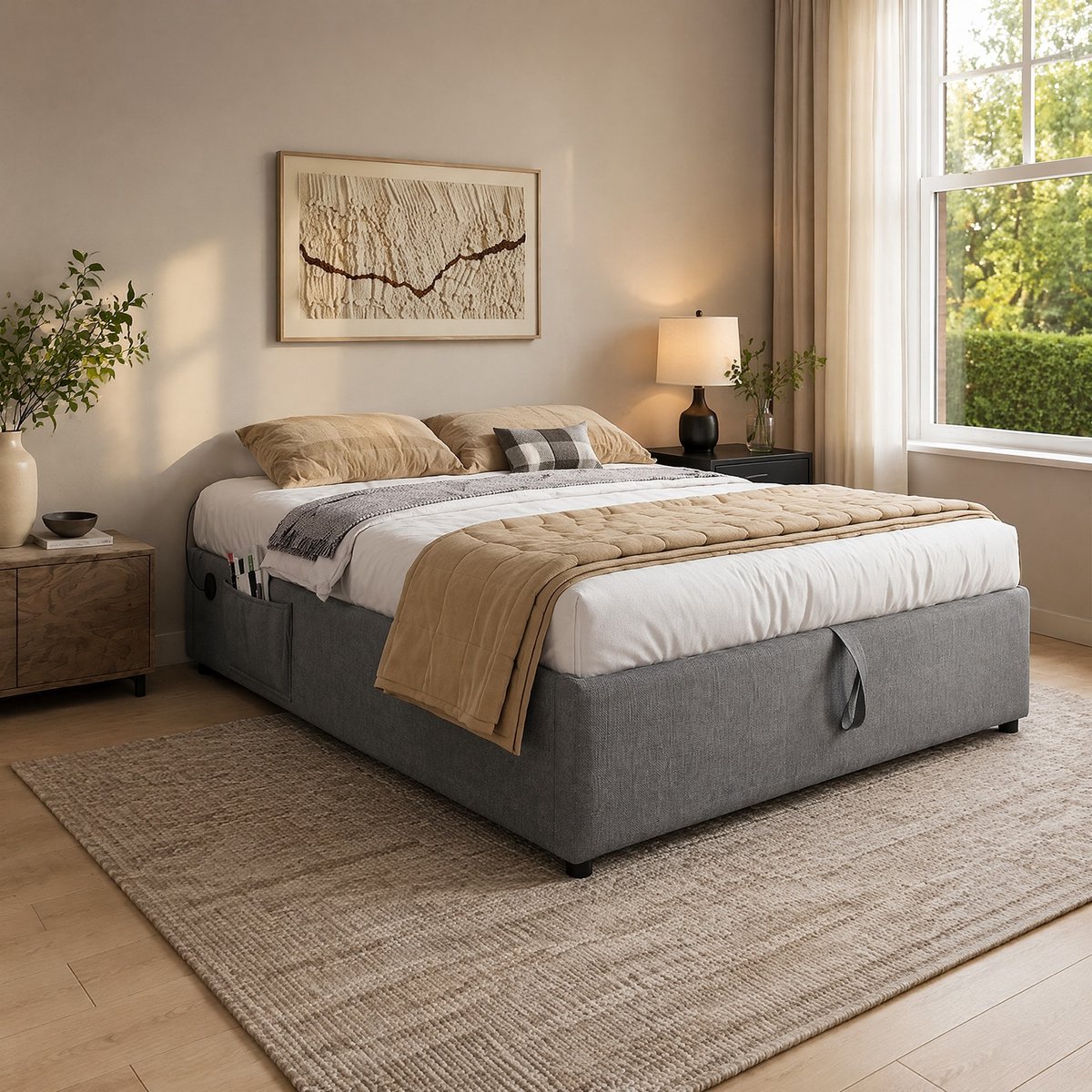 WUVRIE Tweepersoons opbergbed 140x200 cm met USB-C, opklapbare bedbodem en zijvak, grijs, zonder hoofdbord