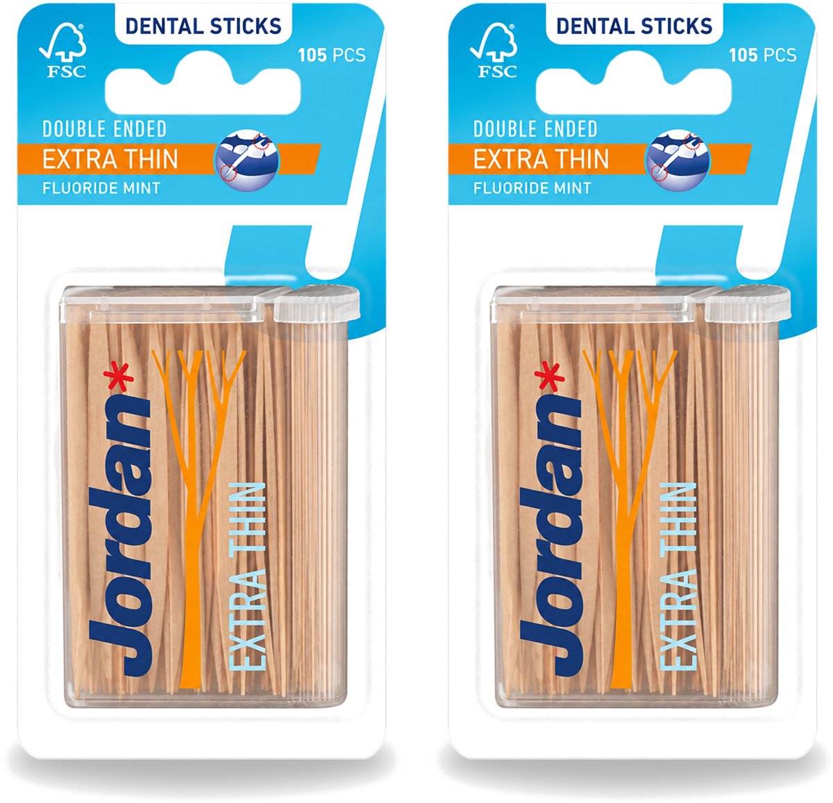 2 x Jordan - Dental Sticks - Extra dunne tandenstokers - 105 Stokers - Bulkverpakking - 2 stuks