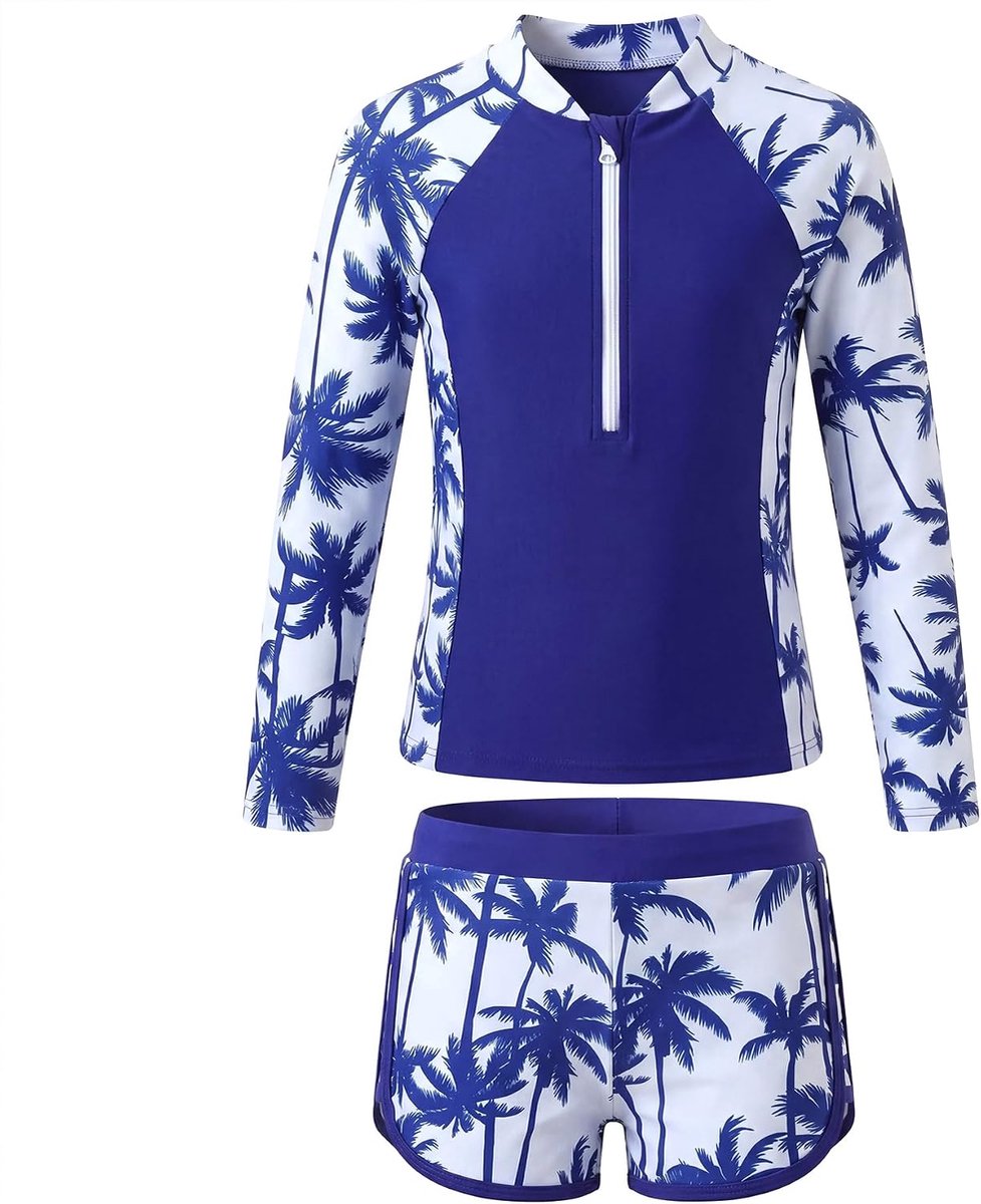 Zwempak Tweedelig Rashguard met Lange Mouwen en Voorgevormde Beha's Kinderzwempak met Zwemshort Sneldrogend Strand Surf en Zwemkleding met Bloemenprint voor Kinderen 5-14 Jaar