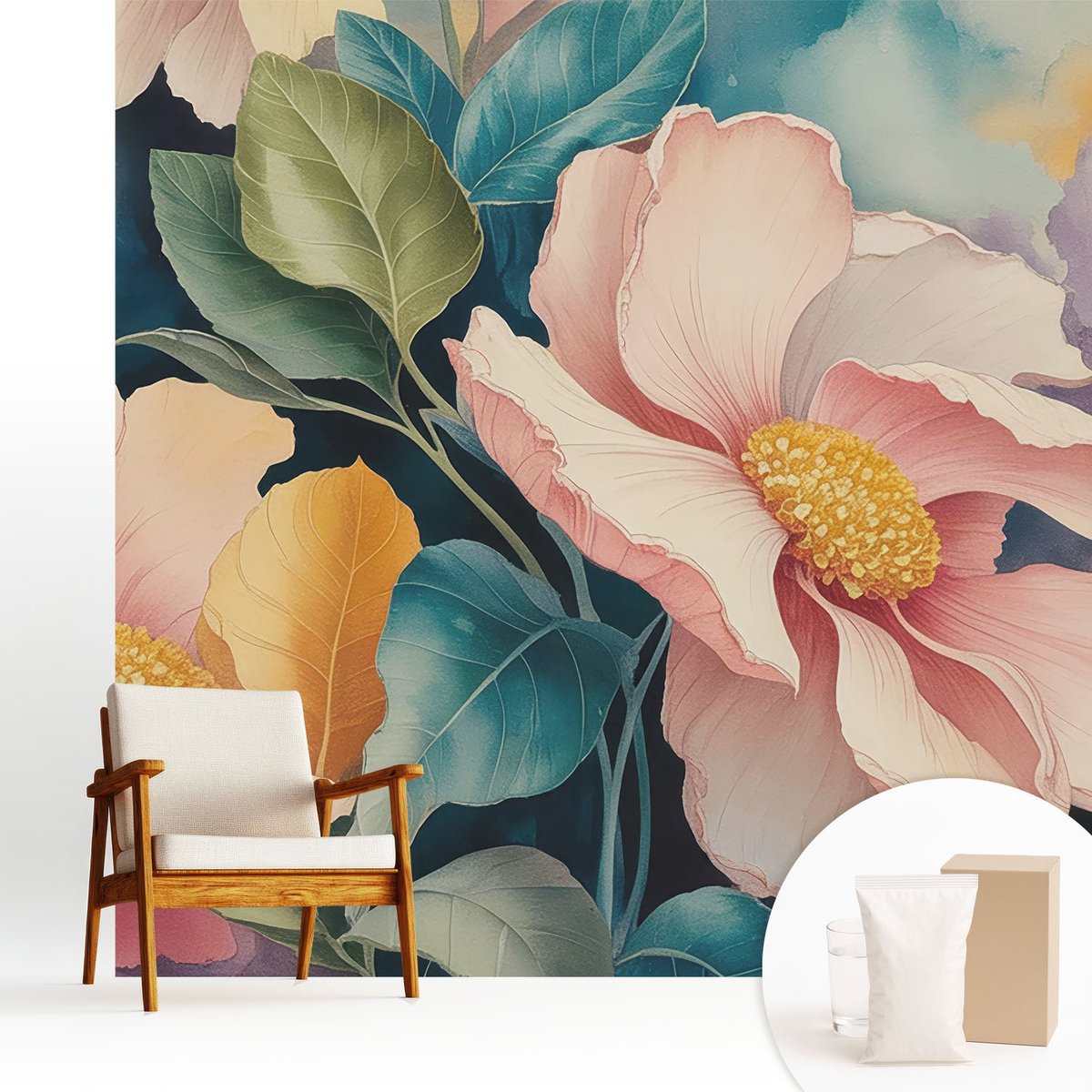 Wallfluent Fotobehang - Roze Vliesbehang - 250x250 cm - Bloemige Elegantie Muurschildering - Slaapkamer behang Bloemen En Planten - Fotobehang Vlies - Gang behang
