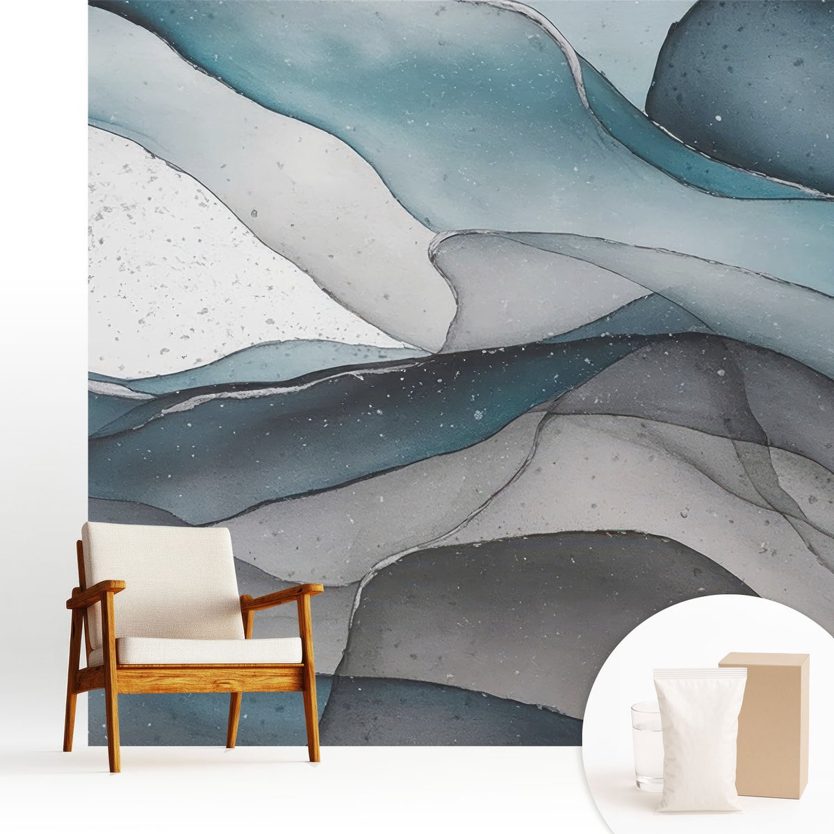 Wallfluent Fotobehang - Blauw Vliesbehang - 250x250 cm - Kleurrijke Golven Fotobehang Vlies - Woonkamer behang Texturen - Muurschildering - Hal behang