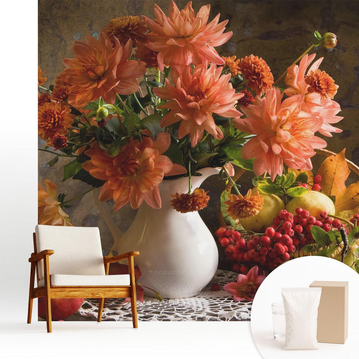 Wallfluent Fotobehang - Oranje Vliesbehang - 250x250 cm - Herfstcompositie Muurschildering - Gang behang Bloemen En Planten - Fotobehang Vlies - Gang behang